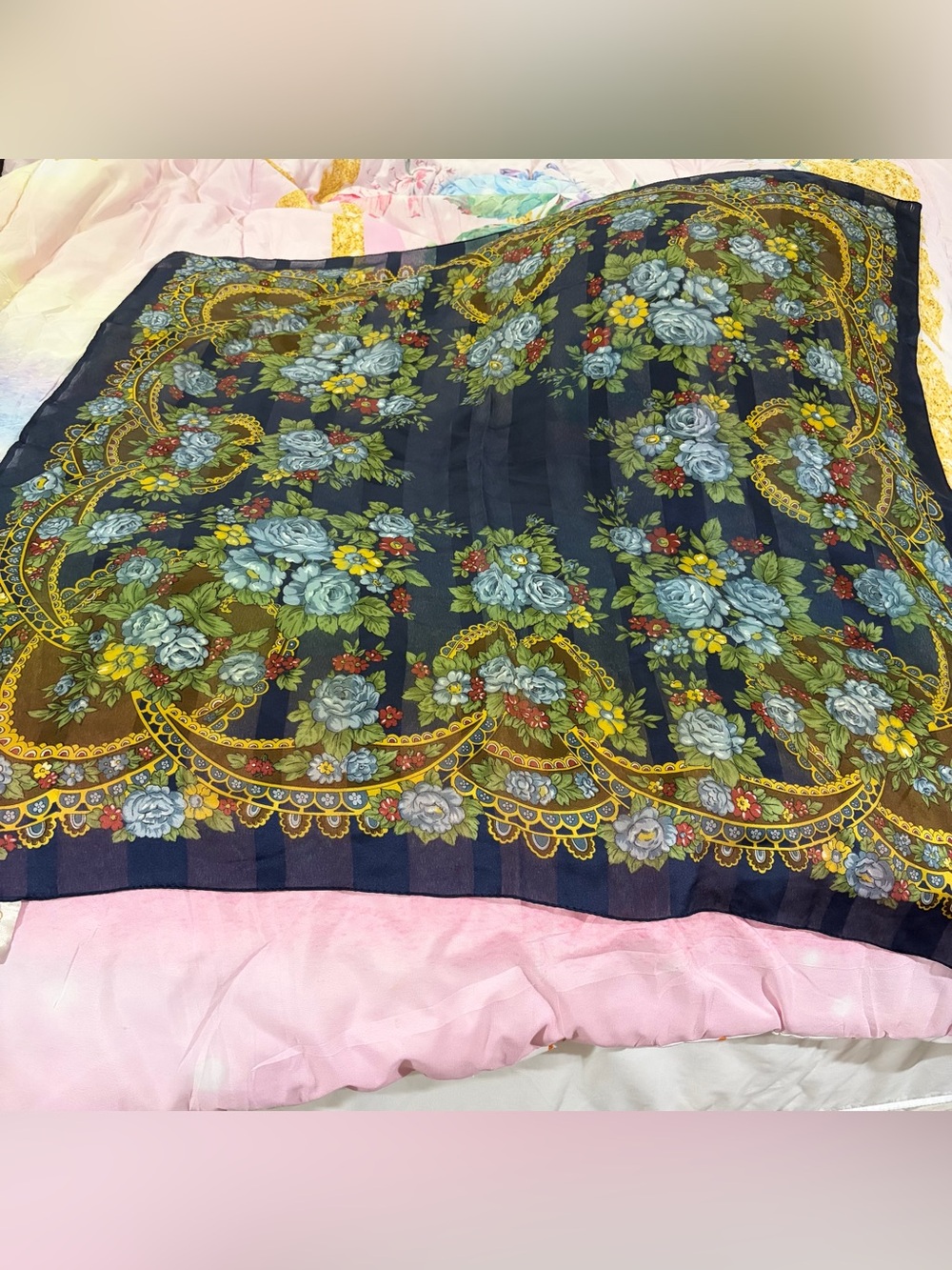 Berkshire vintage Navy Floral Scarf with Yellow Accents